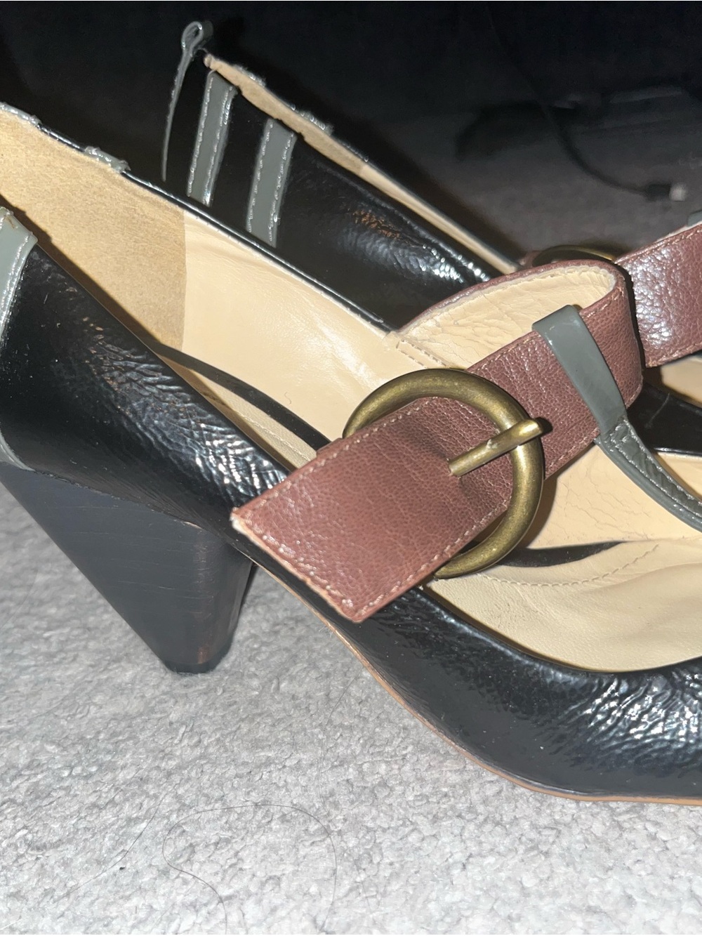 Clarks Black Leather Mary Jane Heels with Brown Strap - Picture 3 of 6